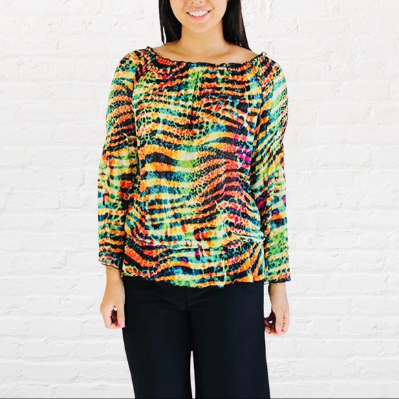 Mechant | Multicolor Lime Combo Animal Print Boat Neck Flare Bell Sleeve Blouse - Picture 8 of 8